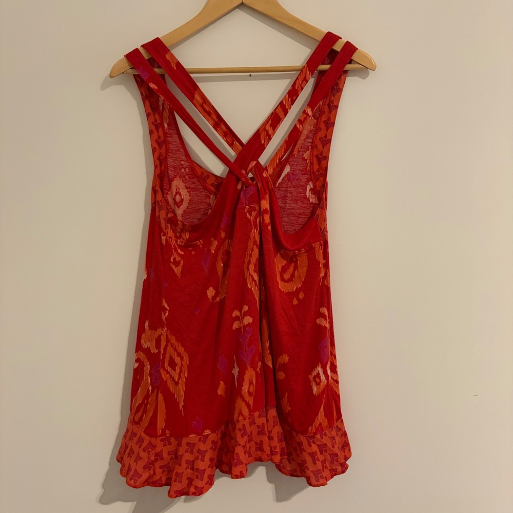 Free People Red Ikat Paisley Ruffle Hem Crisscross Back Modal Tank Top - Picture 2 of 5